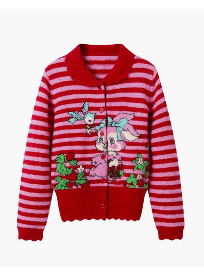 Red Striped Bunny Knitted Cardigan【s0000015376】