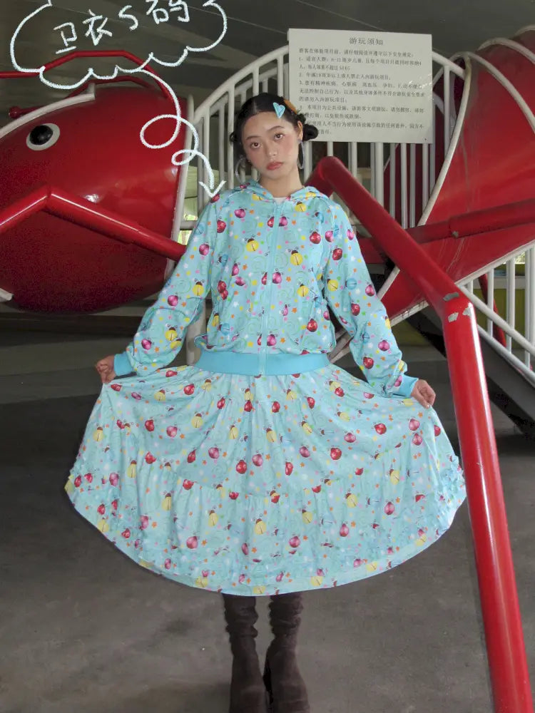 Beetle Print Blue Hoodie and Skirt Set【s0000014193】