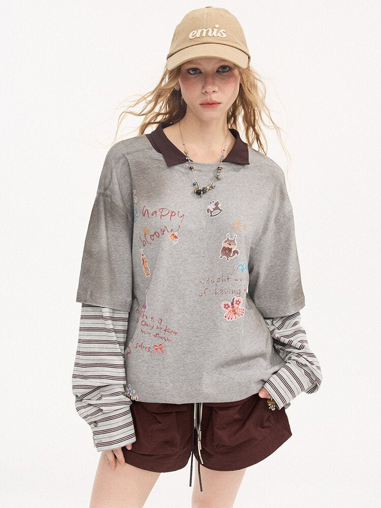 Cartoon Sticker Long Sleeve T-shirt【s0000015894】