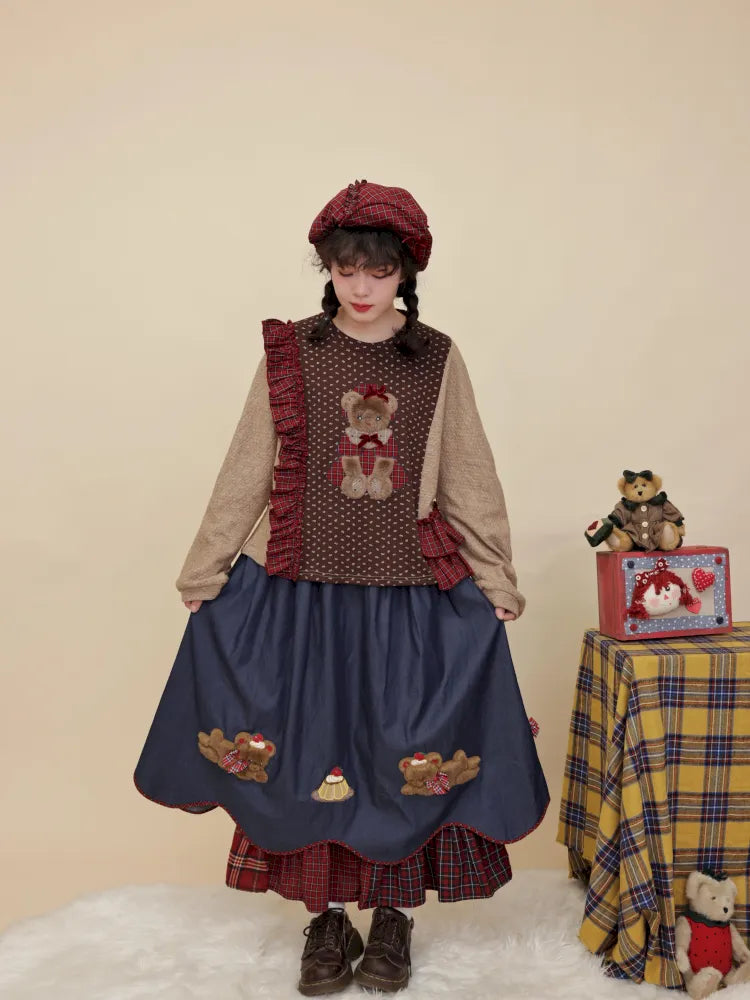 Teddy bear embroidered denim skirt【s0000014176】