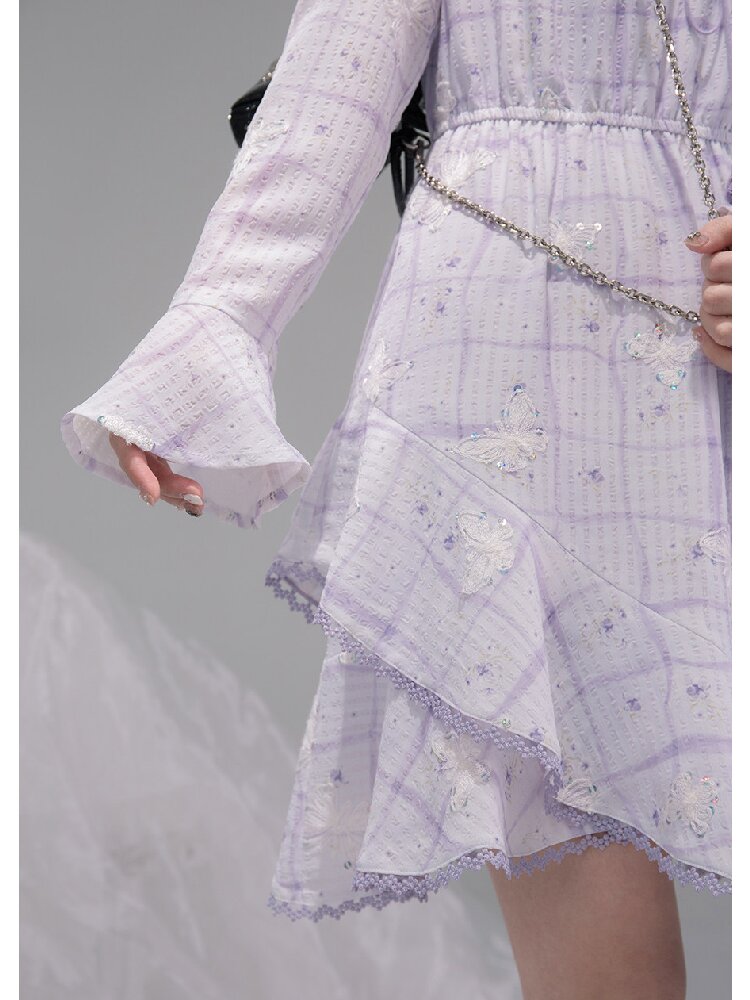 Purple Butterfly Print Ruffled Dress【s0000015739】