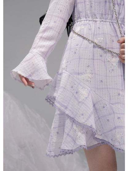 Purple Butterfly Print Ruffled Dress【s0000015739】