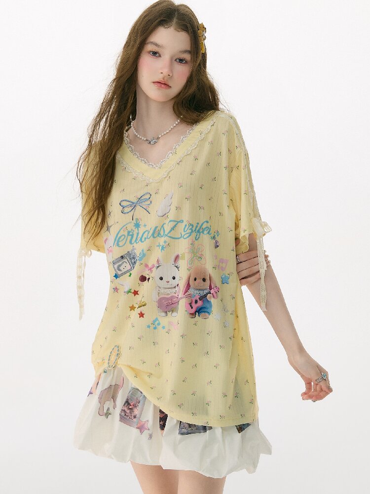 Childlike Cartoon Lace Floral T Shirt【s0000017156】