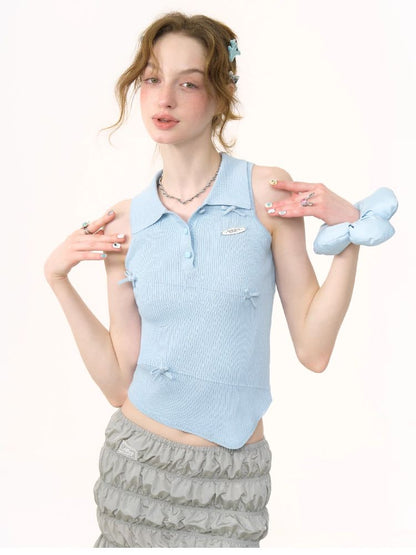 Polo Neck Blue Knit Vest【s0000012256】