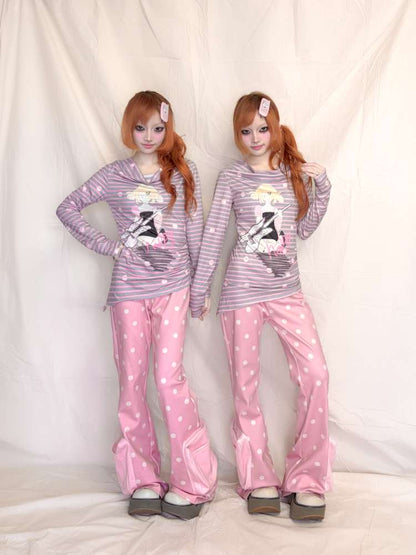 Pink Polka Dot Flared Sweatpants【s0000015401】