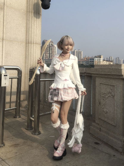 Lace Large Embroidered Bow Tops T-Shirt【s0000011844】