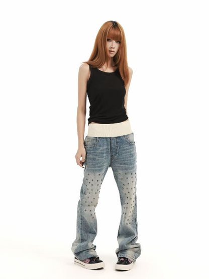 Patchwork Studded Straight Jeans【s0000018362】