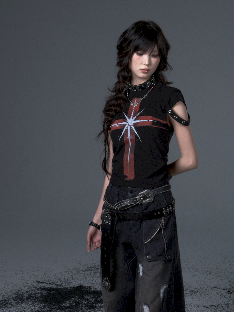 Punk Positive Shoulder Short Sleeve t-shirt【s0000012343】