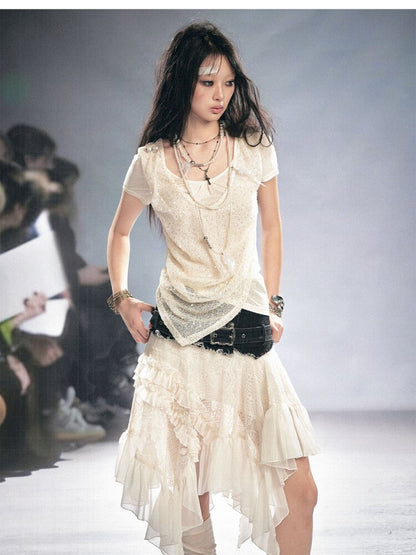 Lace Patchwork Irregular Mesh Skirt【s0000015449】