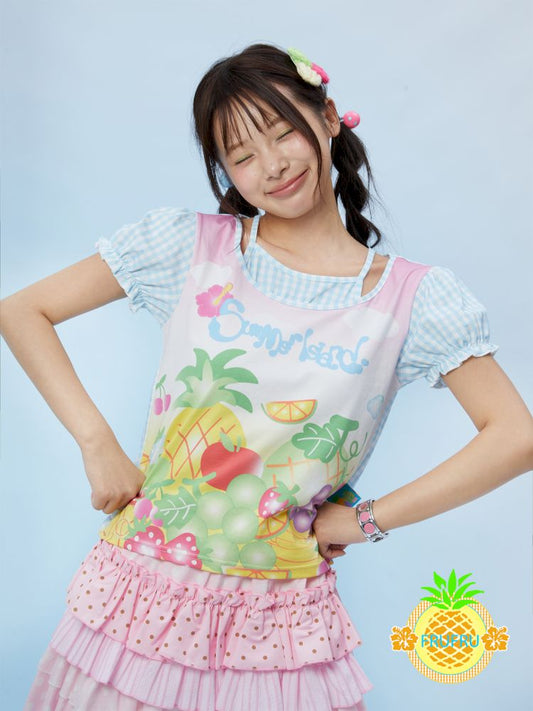 Fruit checkered print short-sleeved T-shirt【s0000012863】