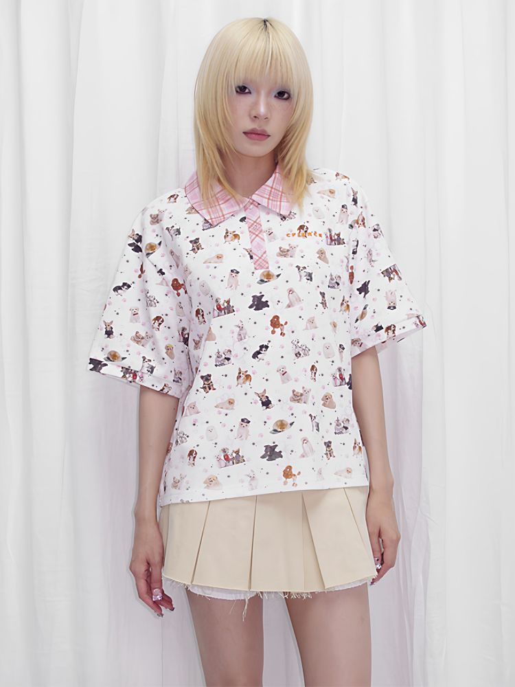 Dog Print Oversize Polo Shirt【s0000013873】