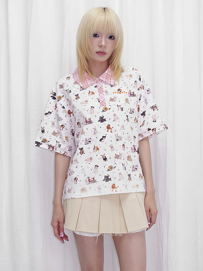 Dog Print Oversize Polo Shirt【s0000013873】