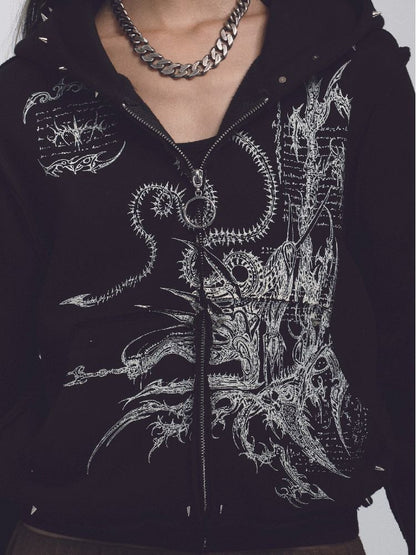 Printed Sweatshirt Studded Hoodie【s0000011232】