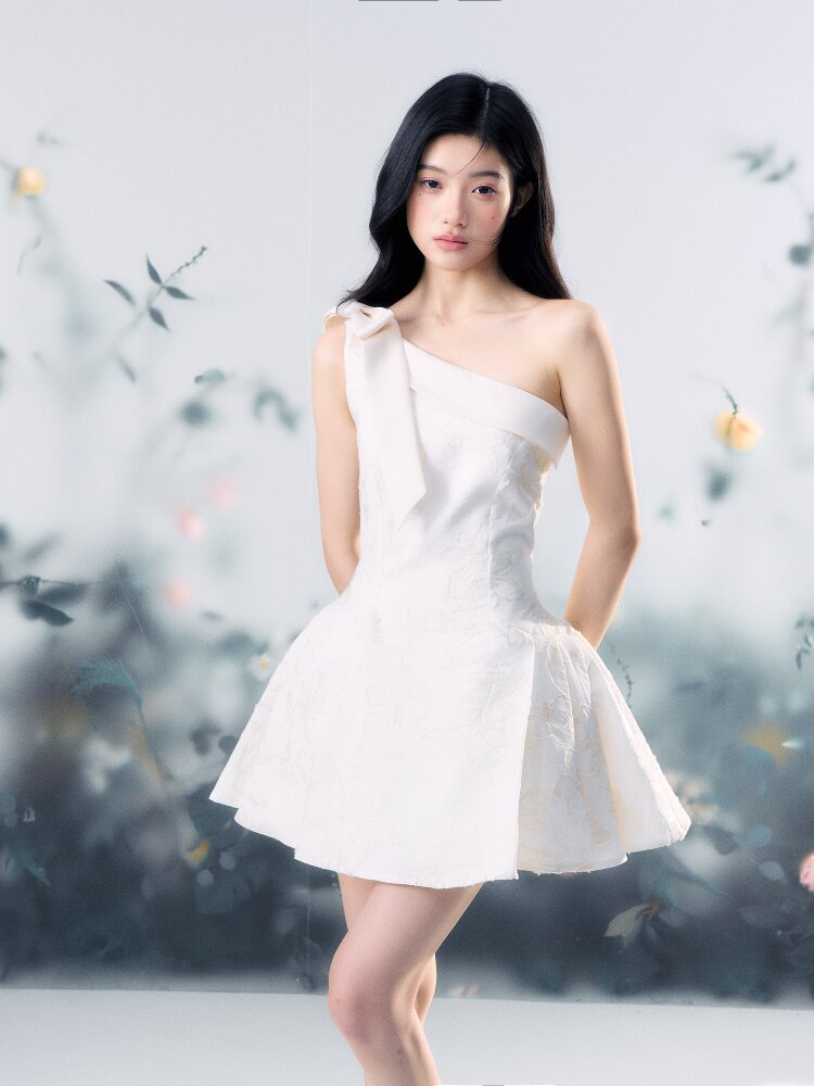 Flower Texture Bow Mini Dress【s0000015916】