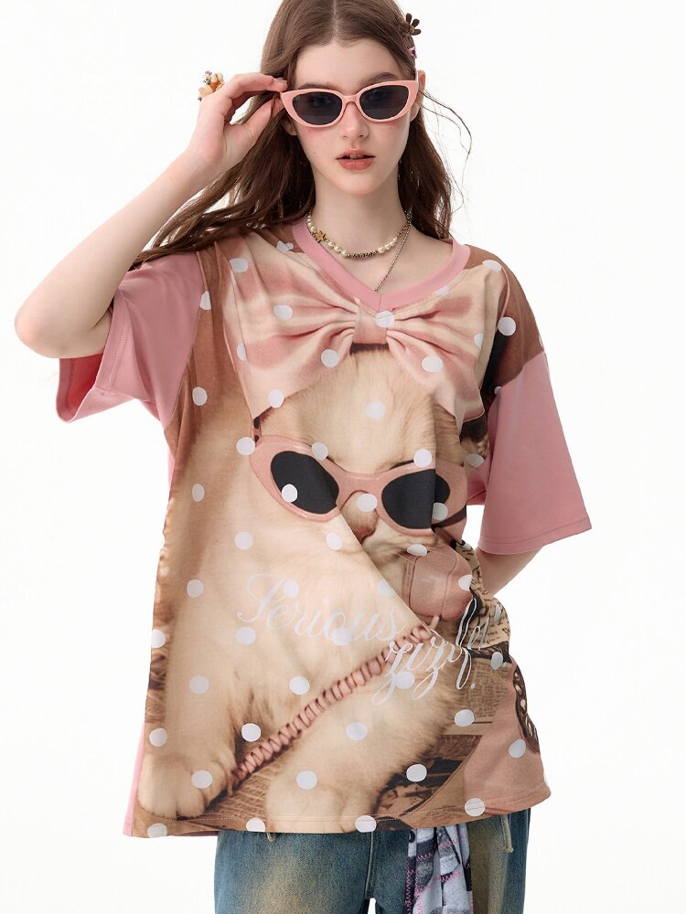 Wave Cat Print Loose Short Sleeve T【s0000017670】