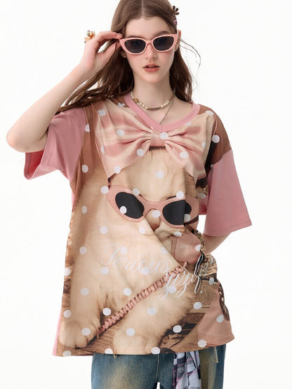Wave Cat Print Loose Short Sleeve T【s0000017670】