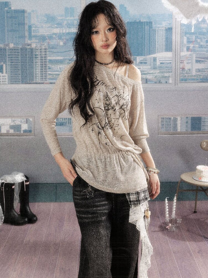 Print Drawstring Shoulder T-Shirt【s0000016273】