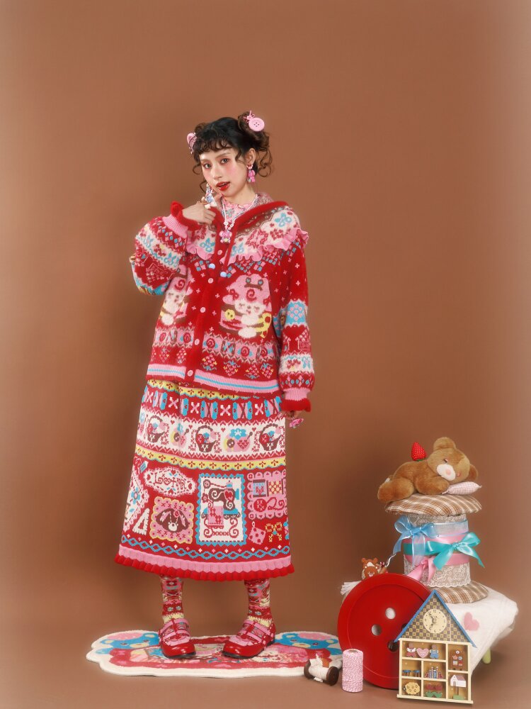 Red Jacquard Vintage Lace Skirt【s0000015590】