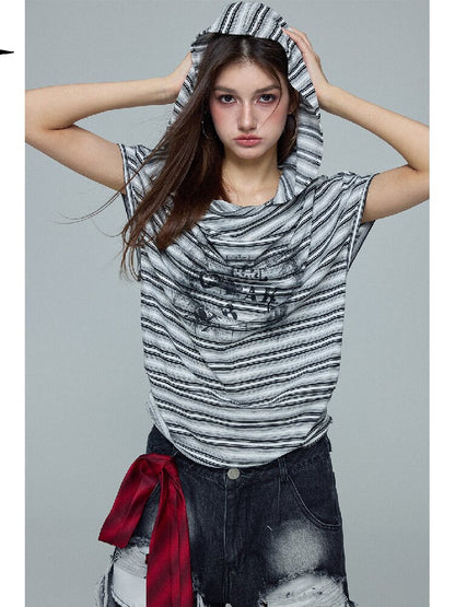 Striped Hooded Printed T-Shirt【s0000016688】