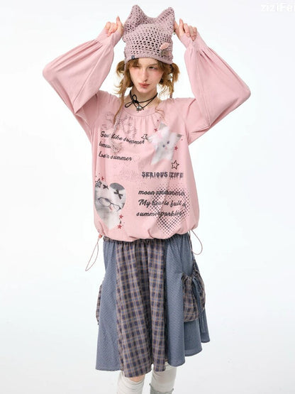 Lantern Sleeve Cat Print T-Shirt【s0000017878】