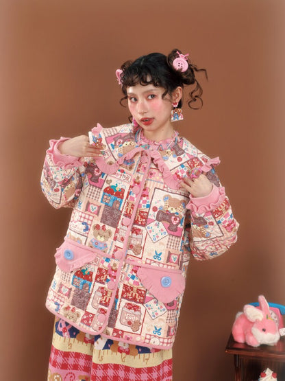 Pink Patchwork Printed Quilted Jacket【s0000015586】