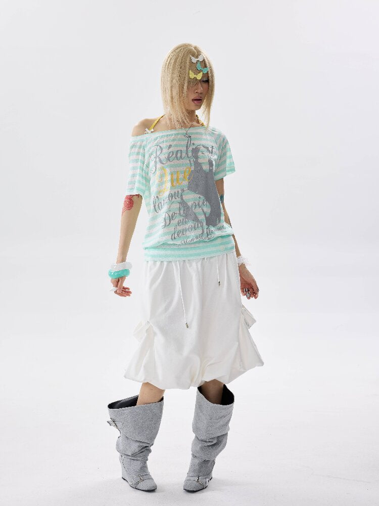 Single Shoulder Striped Halter T Shirt【s0000017640】