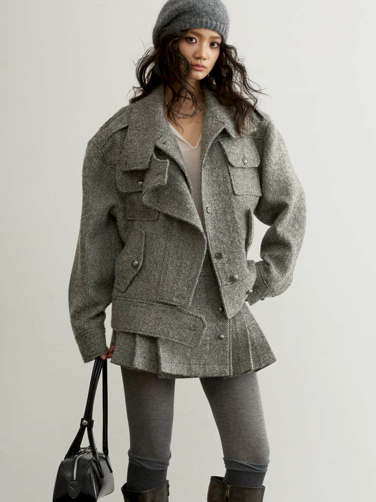 Herringbone Woolen Silhouette Jacket【s0000015193】