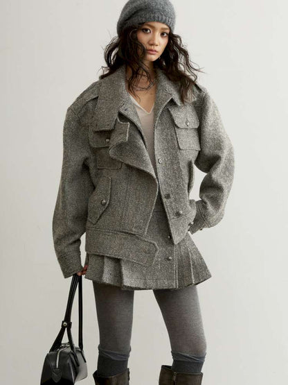 Herringbone Woolen Silhouette Jacket【s0000015193】