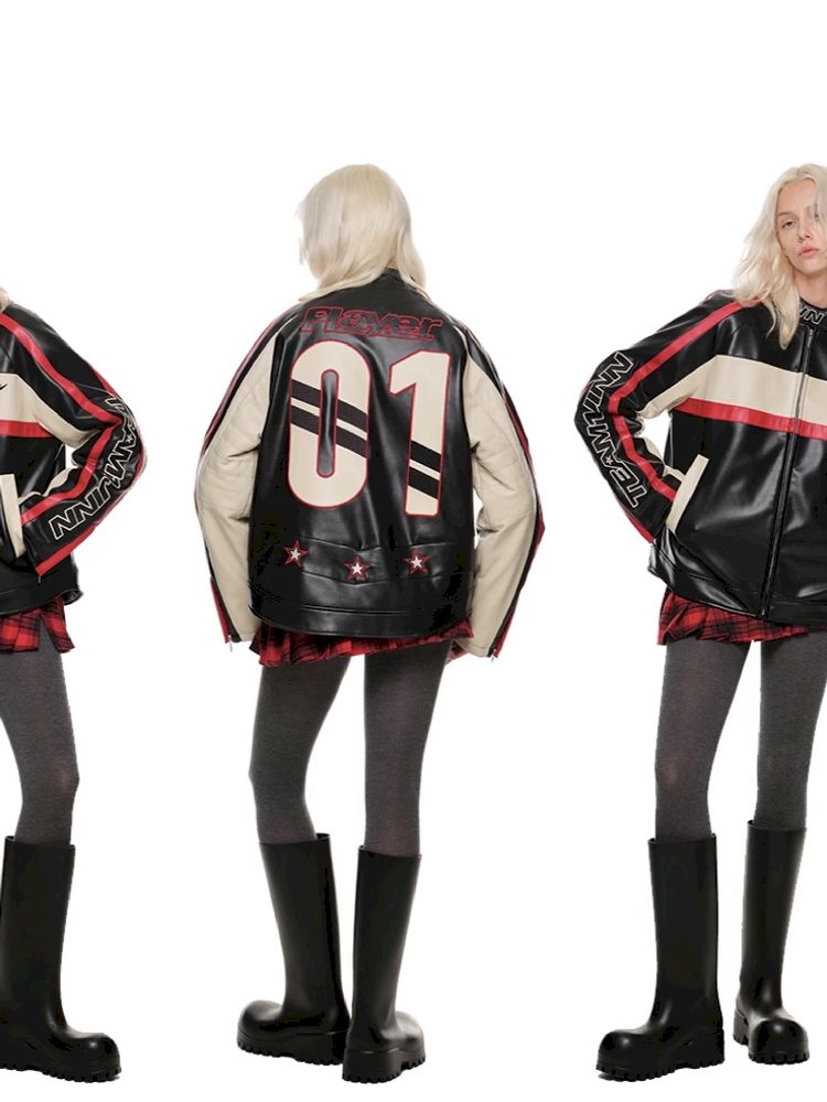 Embroidery Biker Leather Jacket [S0000010637]