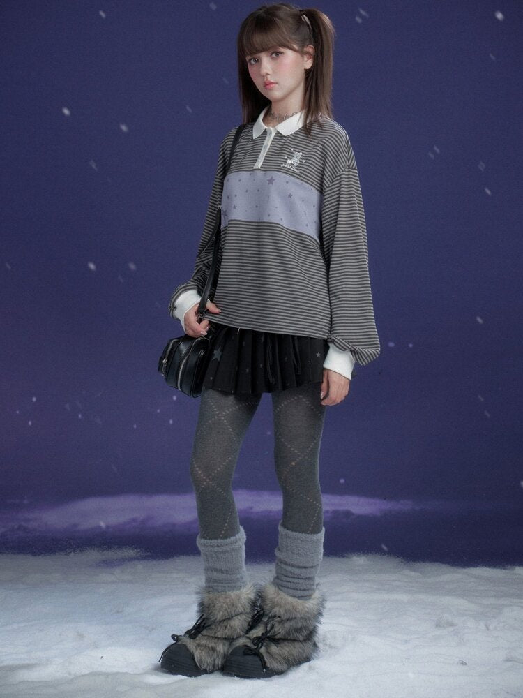 Purple Striped Loose Polo Shirt【s0000015470】