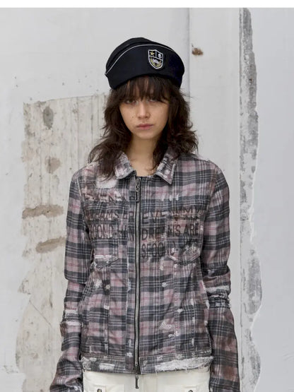 Distressed Plaid Denim Jacket【s0000014200】