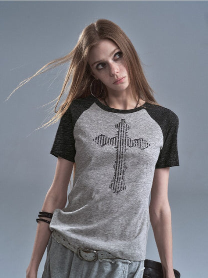Cross Raglan Shaded Flower T-shirt【s0000016897】