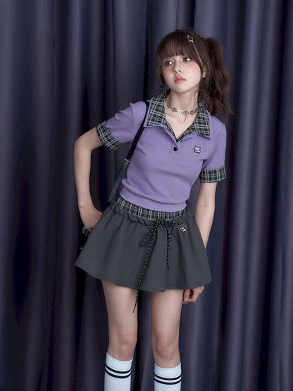 Plaid Patchwork Short Sleeve T-Shirt【s0000012076】