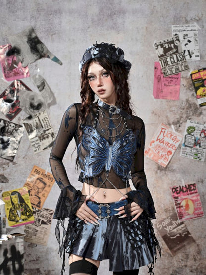 Butterfly Breast Plunge Mesh Bottom Shirt【s0000013506】