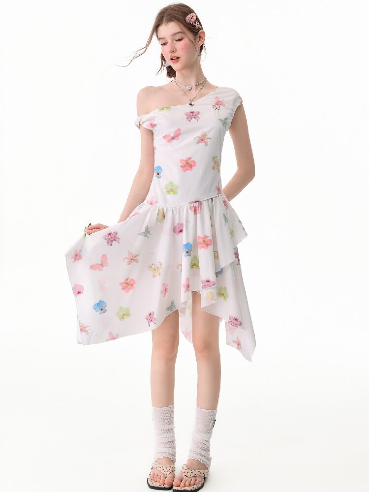 Butterfly Floral Off-Shoulder Dress【s0000017678】