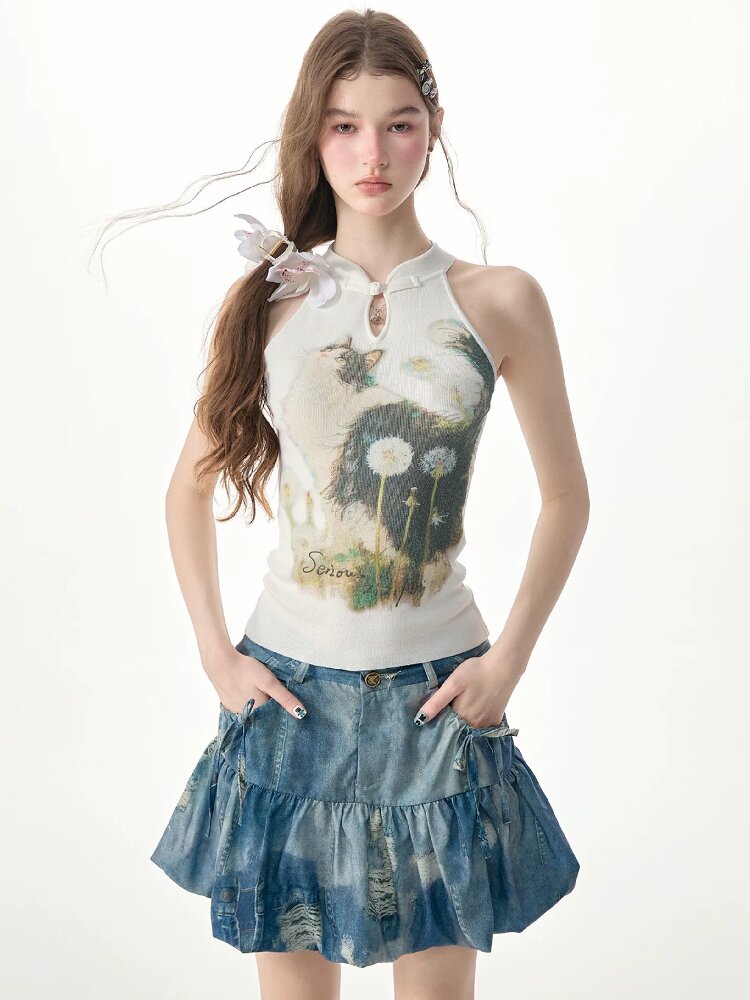 Halter Neck Cat Print Knit Vest【s0000017313】