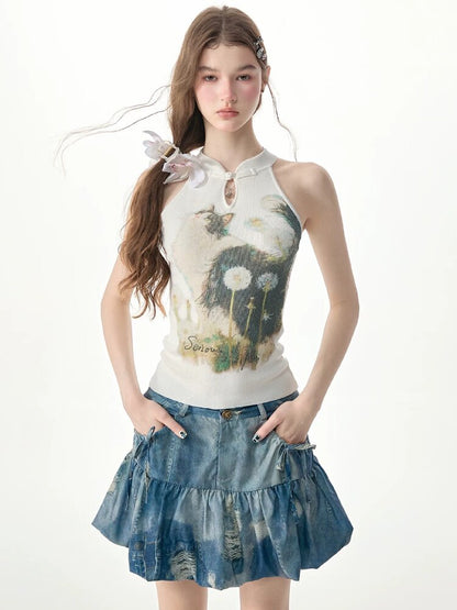 Halter Neck Cat Print Knit Vest【s0000017313】