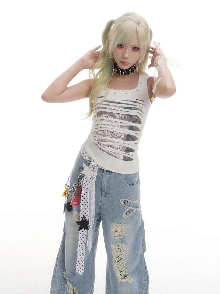 Punk Hole Printed Vest【s0000016513】