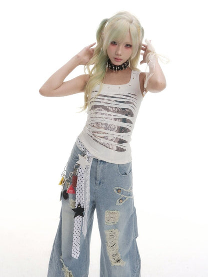 Punk Hole Printed Vest【s0000016513】