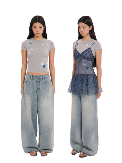 Embroidery Cat Whiskers Vintage Denim Trousers【s0000013445】