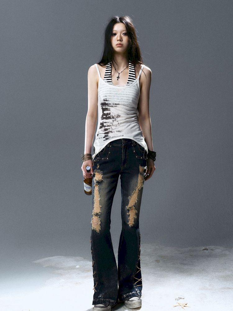 No-wash slim-fit ripped low-rise jeans【s0000012805】