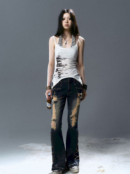 No-wash slim-fit ripped low-rise jeans【s0000012805】