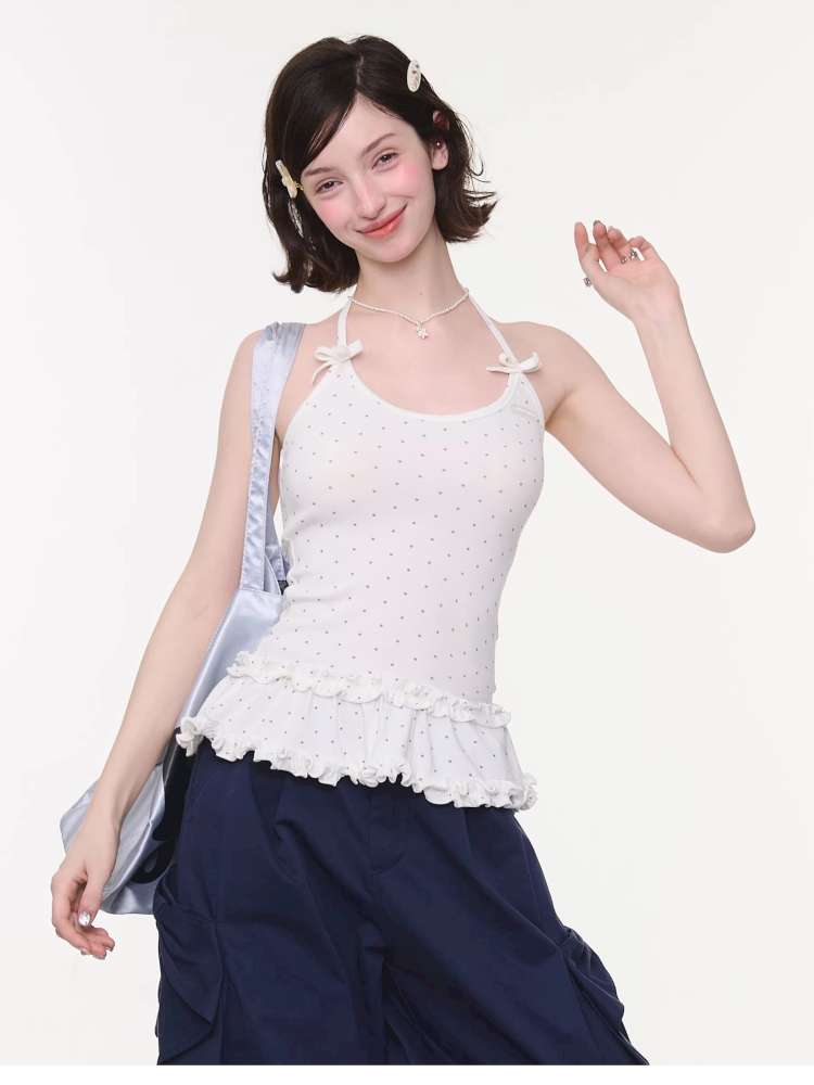 Lace Bow Polka Dot Halter Vest【s0000015432】