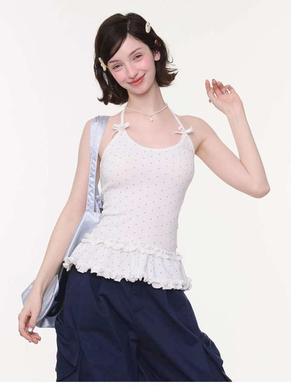 Lace Bow Polka Dot Halter Vest【s0000015432】