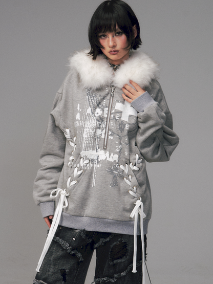 Tie-Front Printed Half-Zip Hoodie【s0000014452】