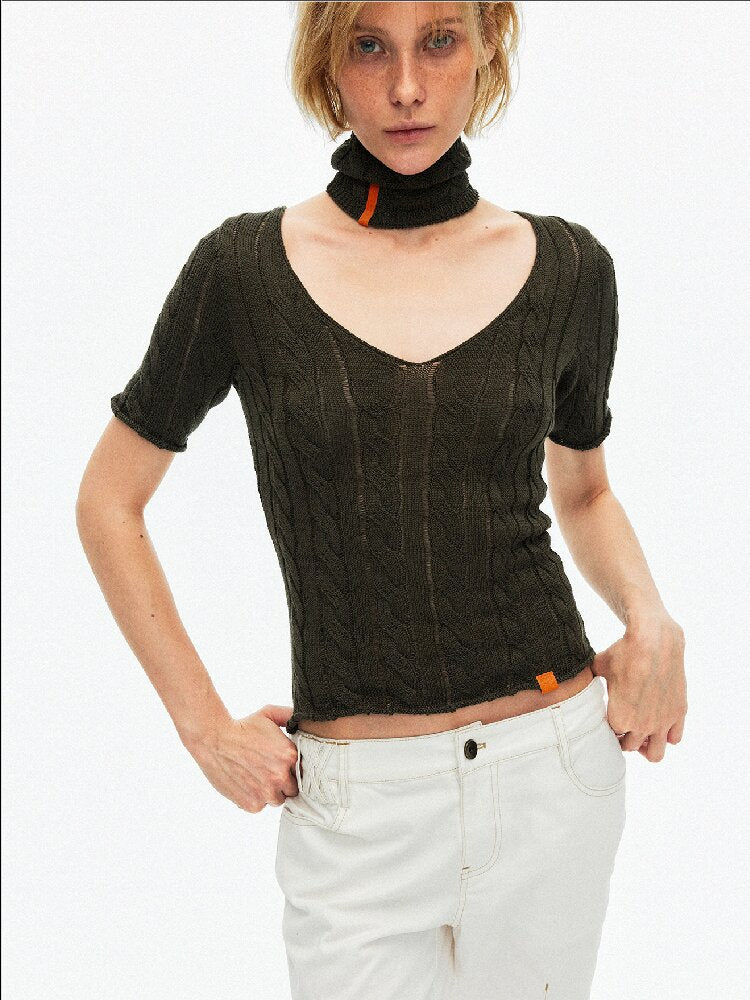 Cut Out Cable V-Neck Knit Top【s0000015928】