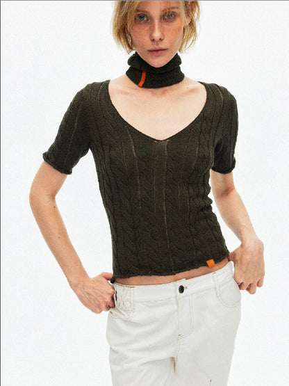 Cut Out Cable V-Neck Knit Top【s0000015928】