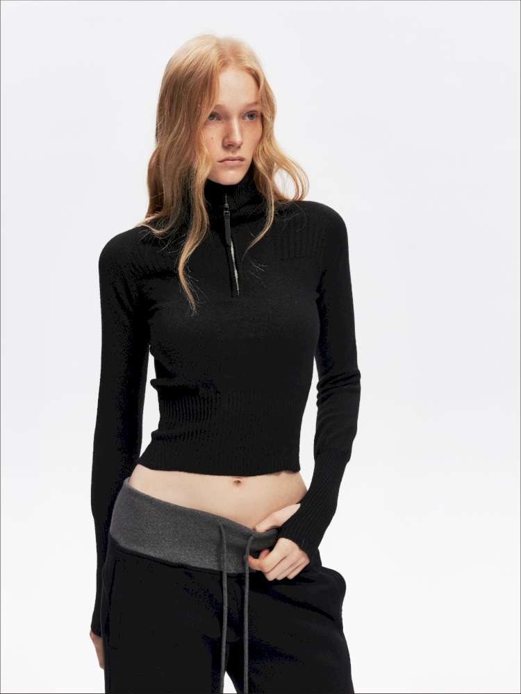 Half-Turtleneck Zip Knit Long-Sleeve T-Shirt【s0000014876】