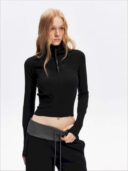 Half-Turtleneck Zip Knit Long-Sleeve T-Shirt【s0000014876】