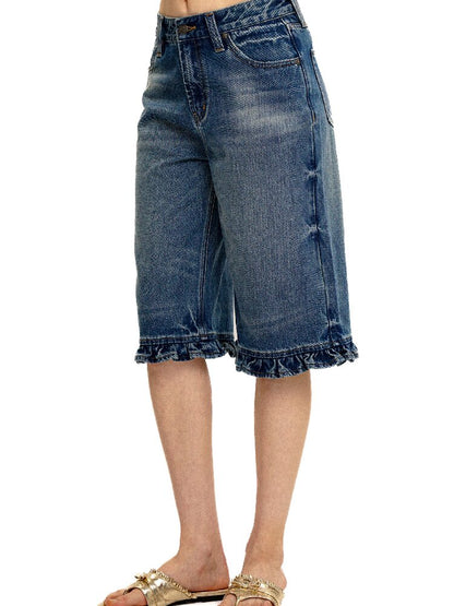 Lace Floral Leather Denim Cropped Pants【s0000017411】